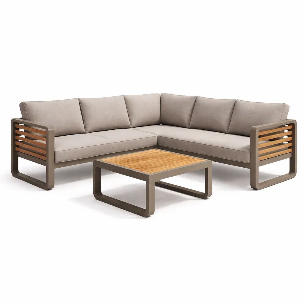 Ensemble de canapé en aluminium et acacia avec coussins beiges