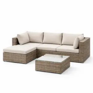 Ensemble de canapé d’angle en résine tressée avec table en verre trempé beige