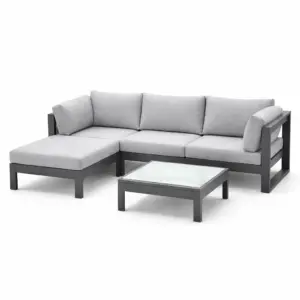 Ensemble de canapé 4 pièces en aluminium avec coussins en polyester et table basse en verre trempé