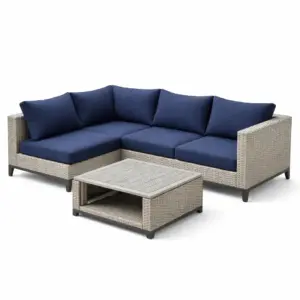 Ensemble de canapé en rotin avec coussins bleus