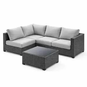 Ensemble de canapé d’angle en résine tressée avec table basse en verre