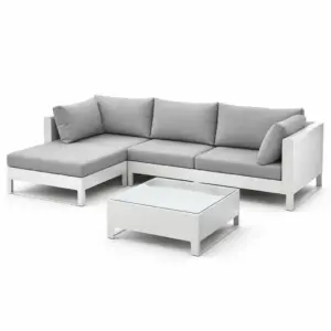 Ensemble de canapé d’angle en aluminium avec coussins en polyester gris et table basse en verre