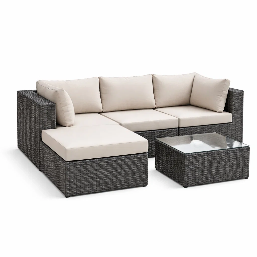 Ensemble de canapé en résine tressée avec coussins et table en verre trempé