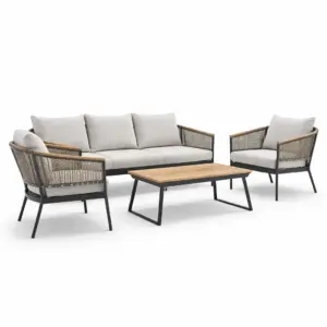 Ensemble de conversation en aluminium et rotin avec coussins et table en bois d’acacia