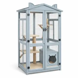 Enclos pour chat en bois avec grillage métallique gris