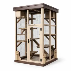 Enclos pour chat en bois et métal beige et marron