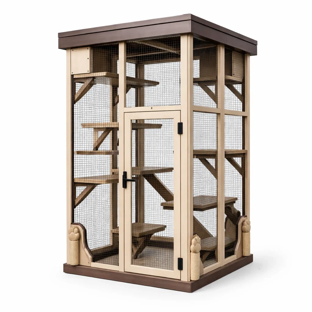 Enclos pour chat en bois et métal beige et marron