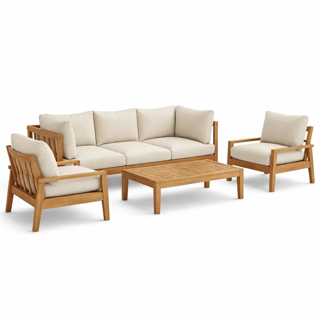 Ensemble de conversation d’extérieur en bois avec coussins beiges