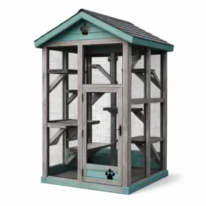 Enclos pour chat en bois et métal avec toit décoratif