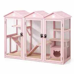 Enclos pour chat en bois et métal rose