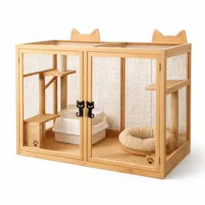 Enclos pour chat en bois avec grille métallique et accessoires