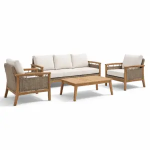 Ensemble de conversation en bois de teck et rotin avec coussins en polyester crème