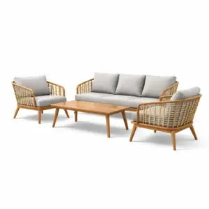 Ensemble de conversation d’extérieur en bois avec coussins gris