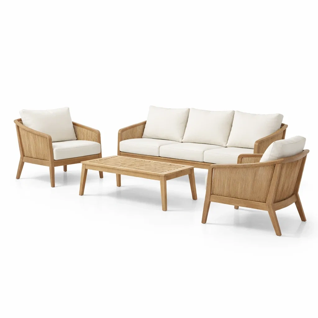Ensemble de conversation en bois avec coussins crème 3 places, 2 fauteuils et table basse